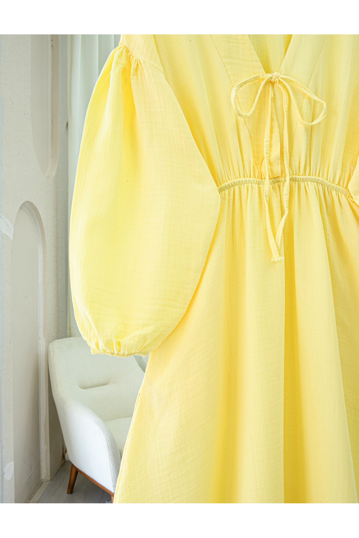 Muslin Dress with Elasticated Waist and Sleeves, Tied Collar -Yellow