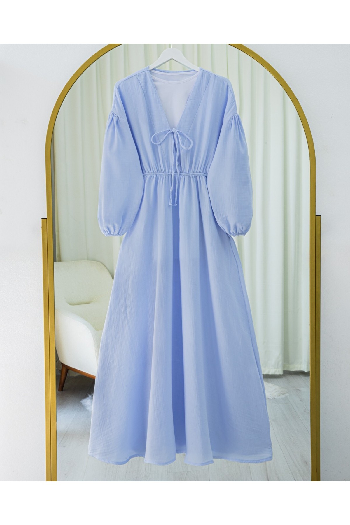 Muslin Dress with Elasticated Waist and Sleeves, Tied Collar -Baby Blue