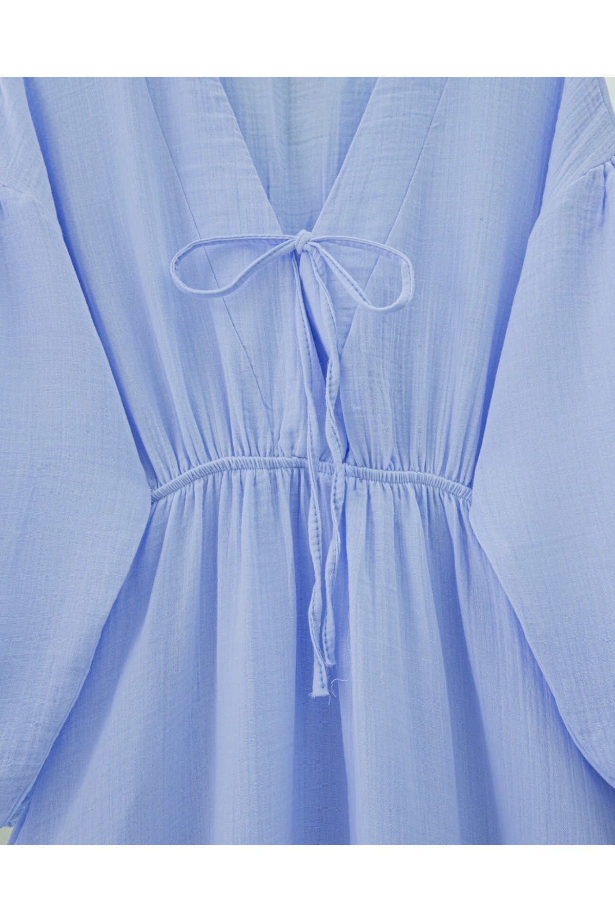 Muslin Dress with Elasticated Waist and Sleeves, Tied Collar -Baby Blue