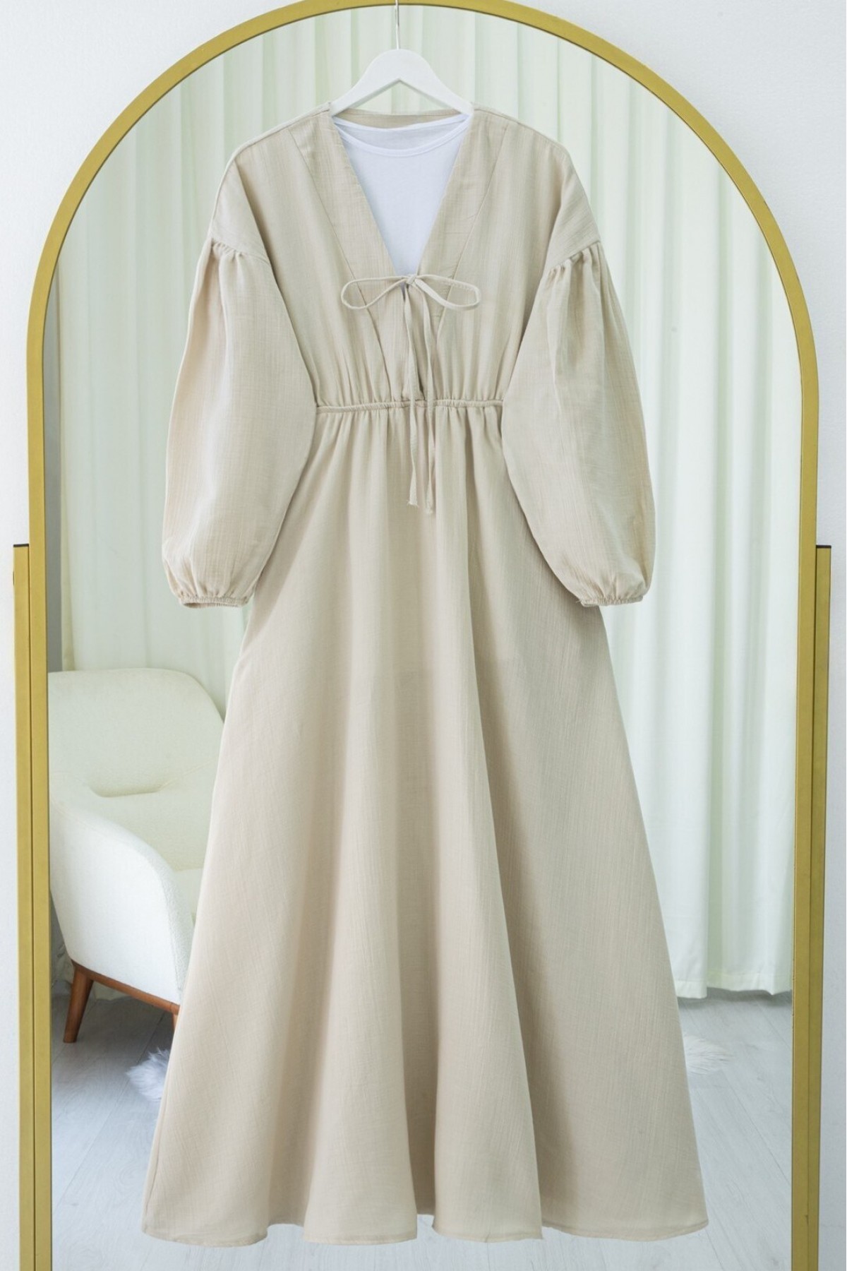 Muslin Dress with Elasticated Waist and Sleeves, Tied Collar -Stone
