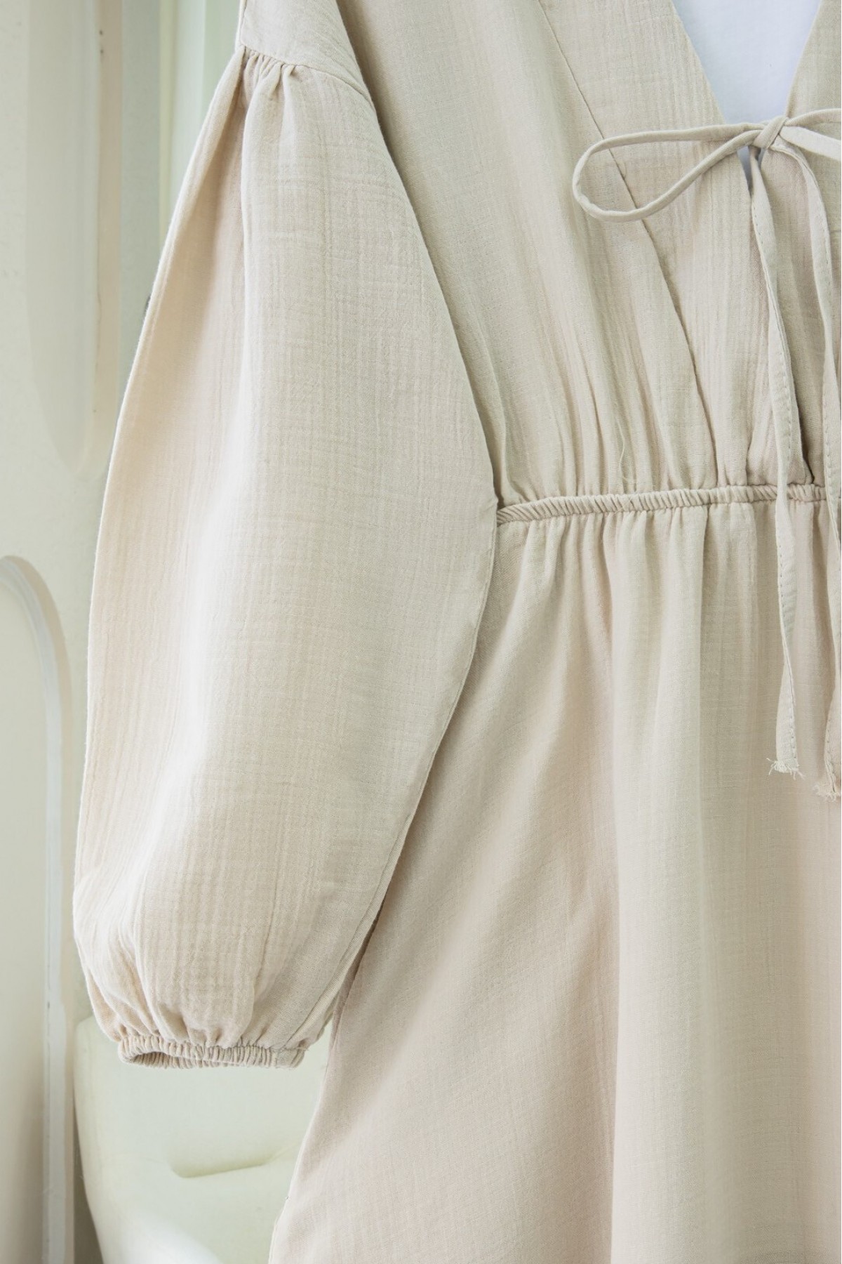Muslin Dress with Elasticated Waist and Sleeves, Tied Collar -Stone