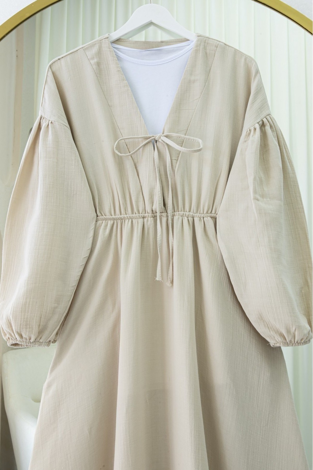 Muslin Dress with Elasticated Waist and Sleeves, Tied Collar -Stone