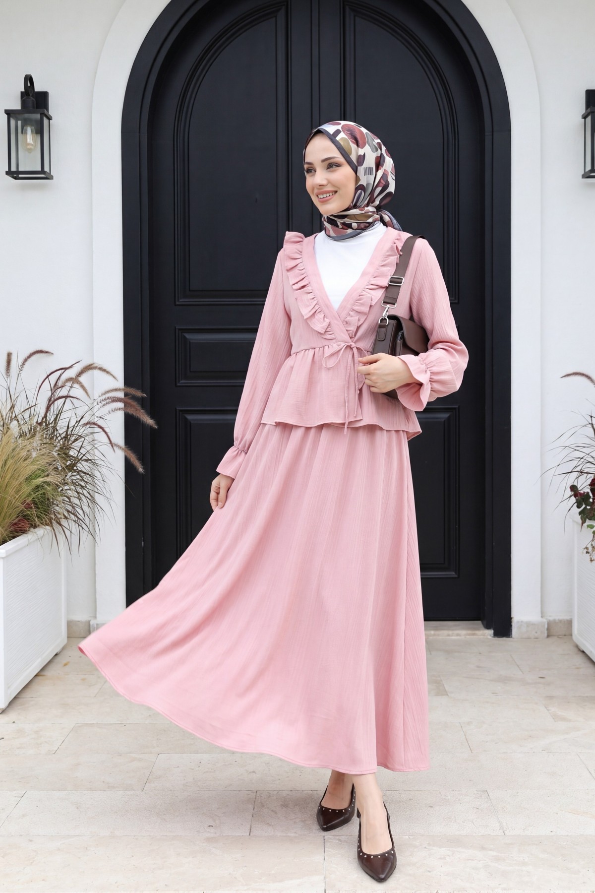 Pink Ruffled Suit Kimono Suit with Ruffled Collar and Tied Front Skirt
