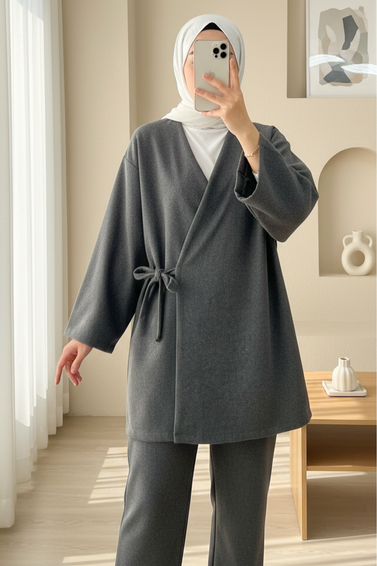 Çapraz Bağlamalı Kaşe Kimono