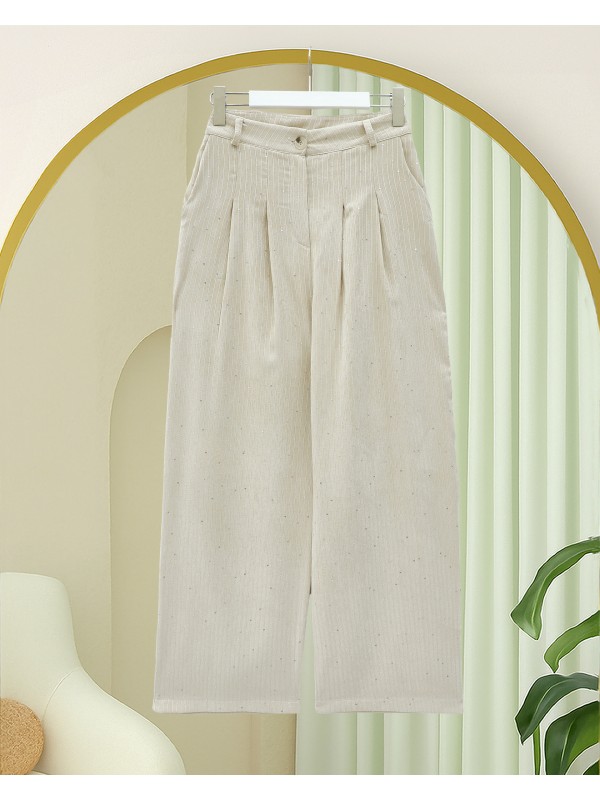 بنطلون مخملي واسع الساق مع جيوب وتفاصيل ترتر  -اللون البيج