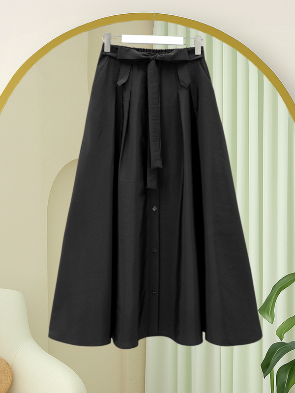 Önü Düğmeli Bağcıklı Paraşüt Etek -Siyah