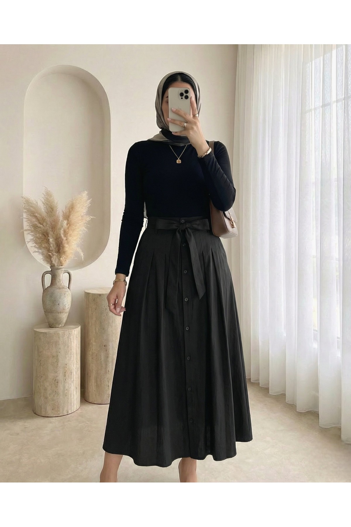 Önü Düğmeli Bağcıklı Paraşüt Etek -Siyah