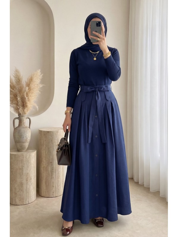 Önü Düğmeli Bağcıklı Paraşüt Etek -Laci