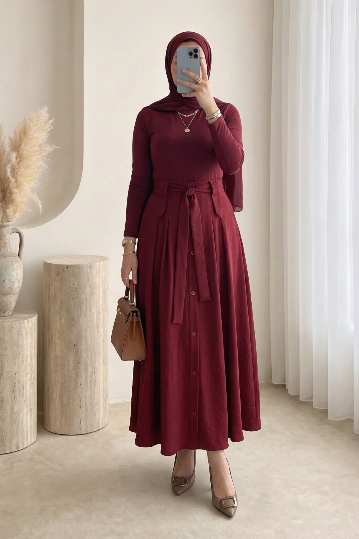 Önü Düğmeli Bağcıklı Paraşüt Etek -Bordo