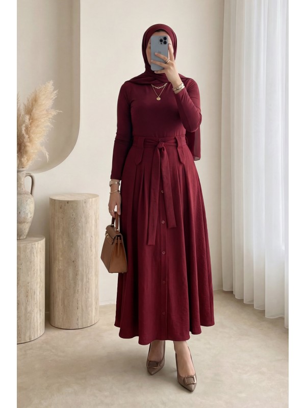 Önü Düğmeli Bağcıklı Paraşüt Etek -Bordo