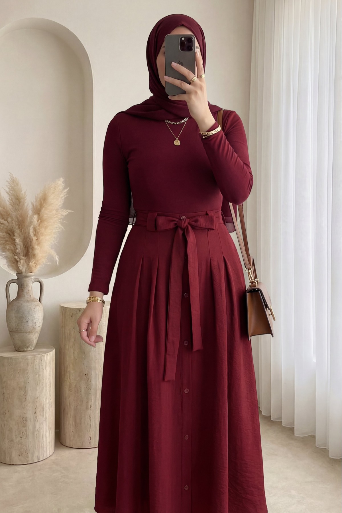 Önü Düğmeli Bağcıklı Paraşüt Etek -Bordo