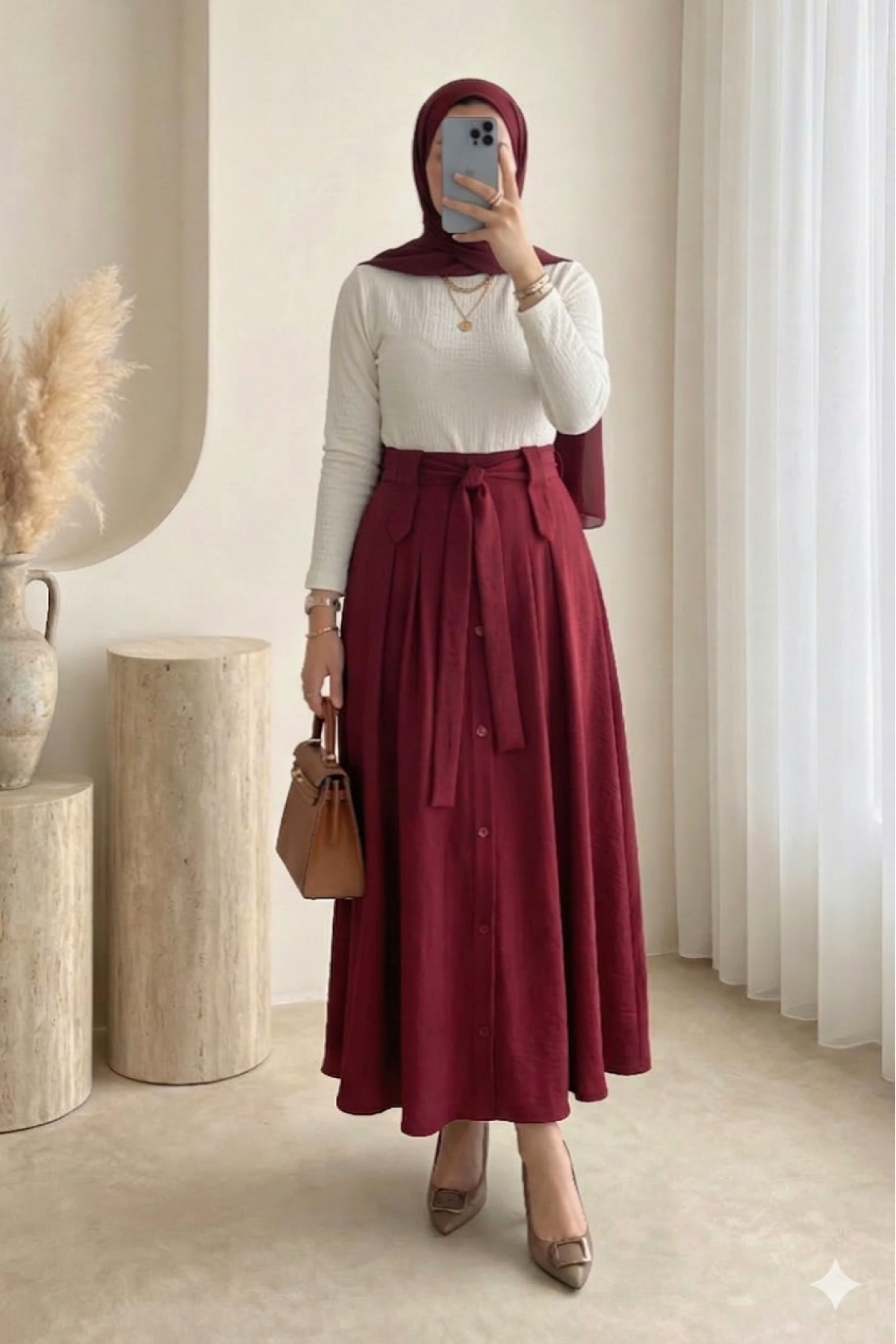 Önü Düğmeli Bağcıklı Paraşüt Etek -Bordo