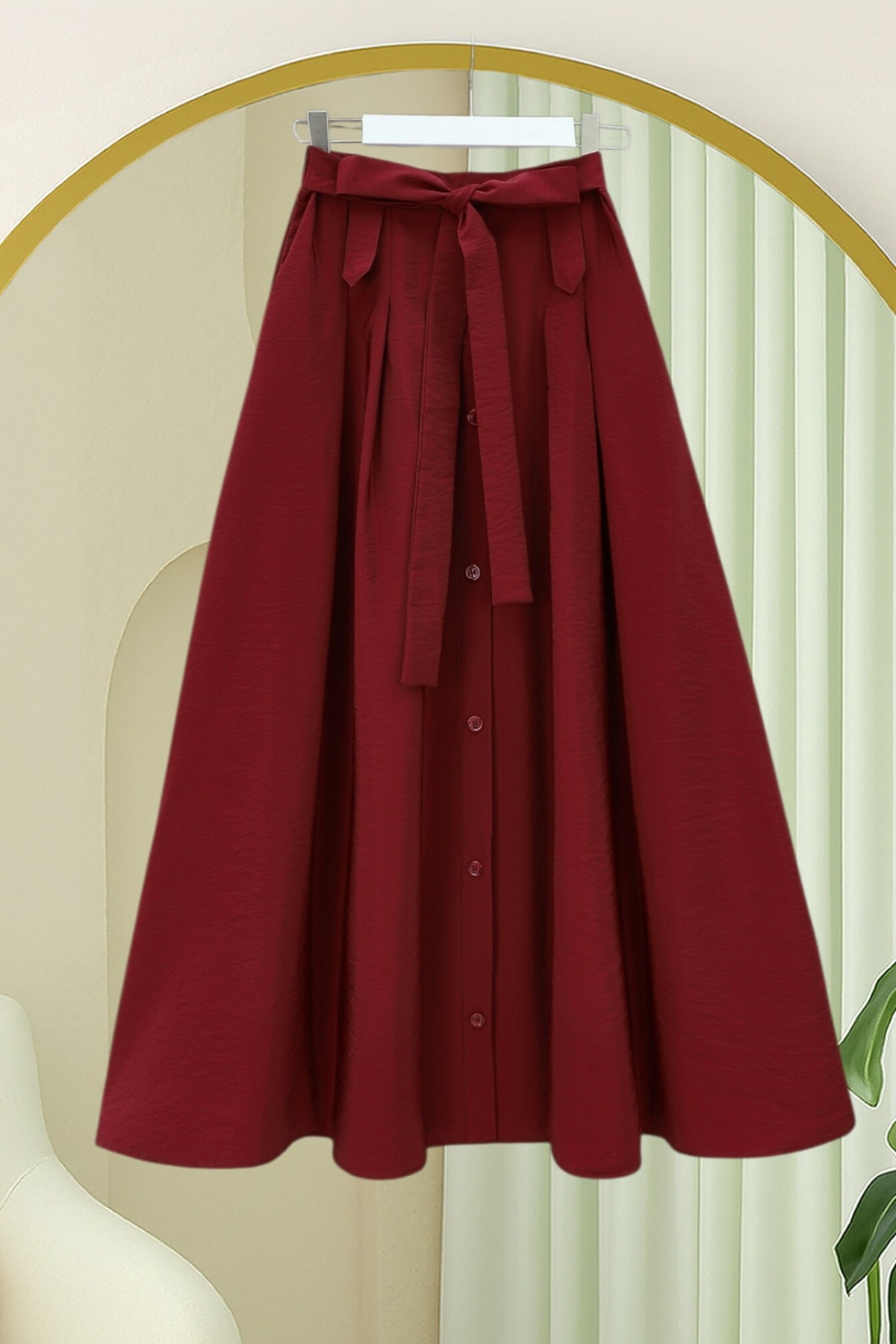 Önü Düğmeli Bağcıklı Paraşüt Etek -Bordo