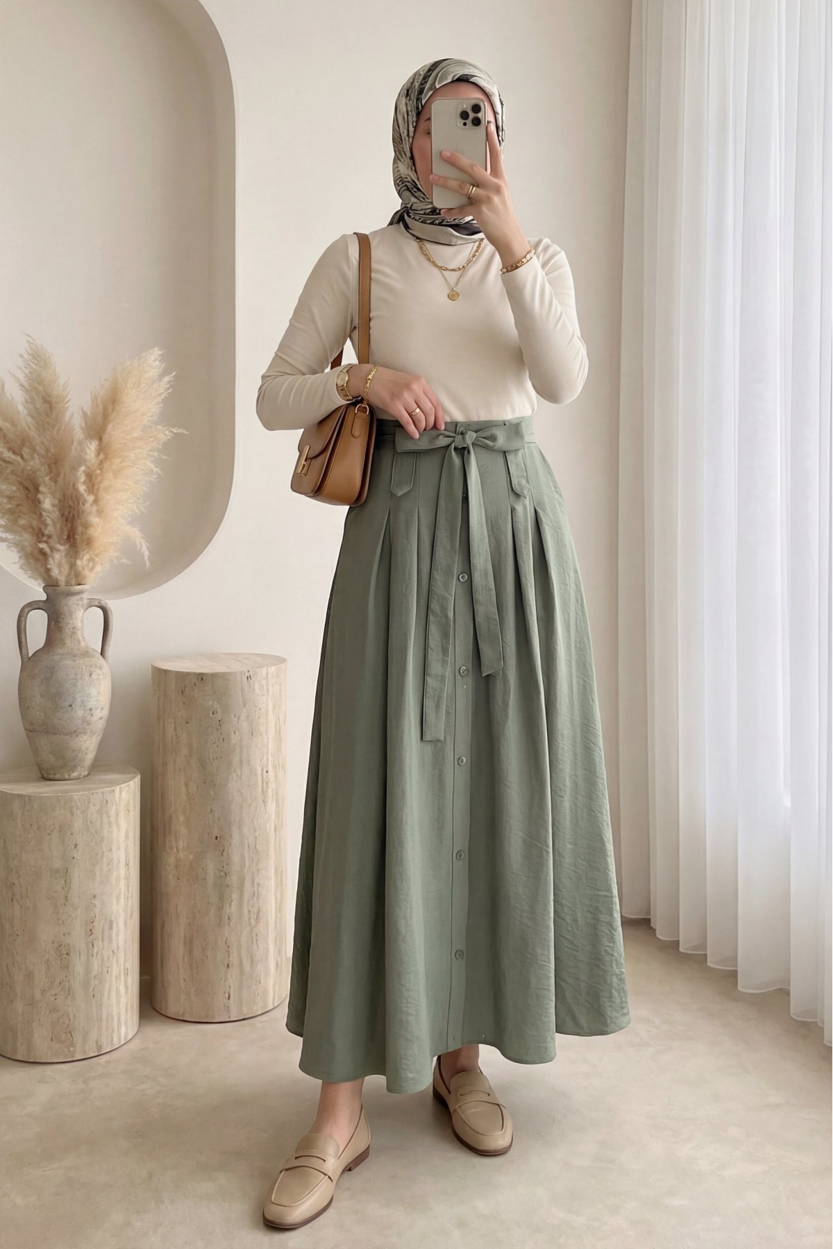 Önü Düğmeli Bağcıklı Paraşüt Etek -Haki