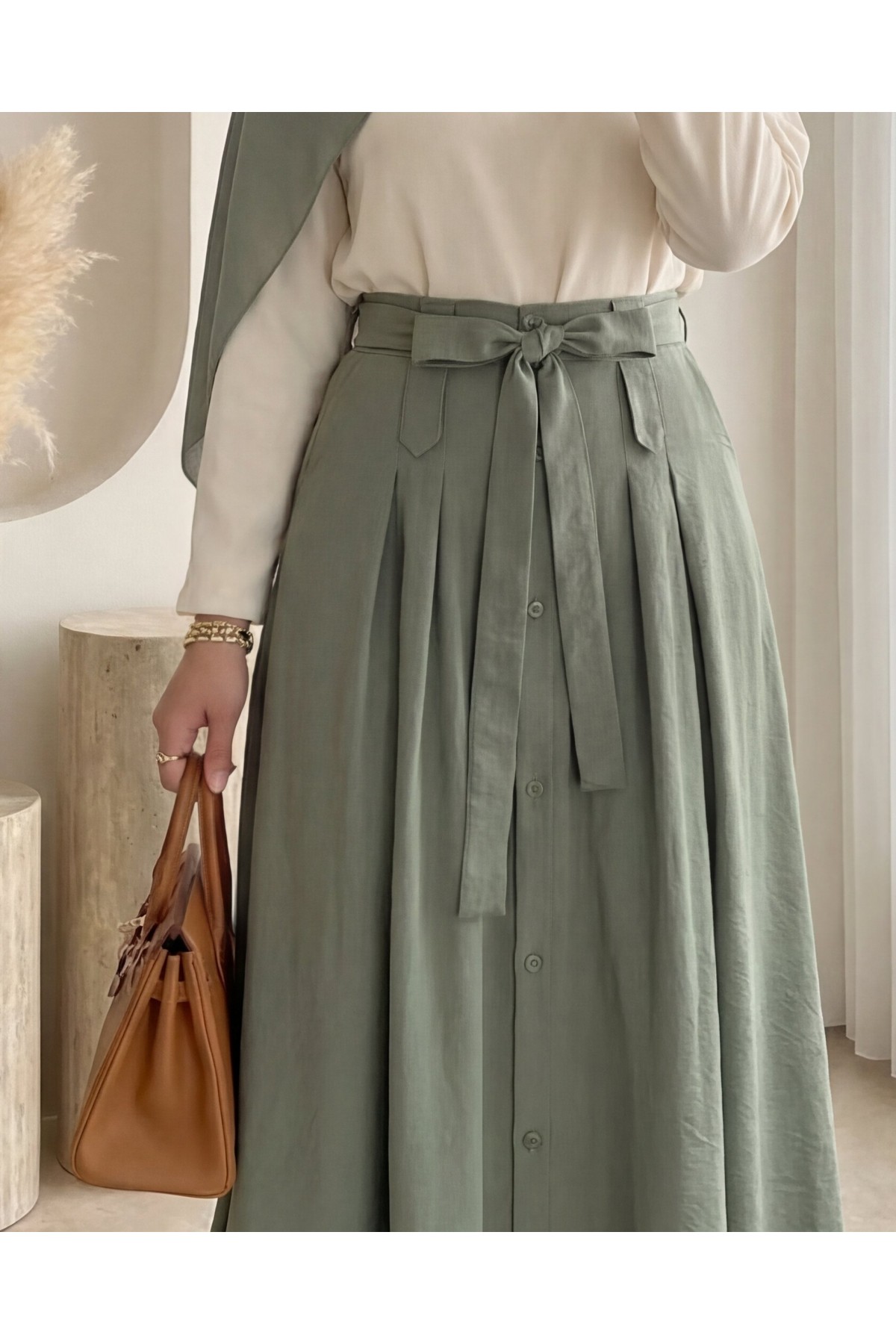 Önü Düğmeli Bağcıklı Paraşüt Etek -Haki