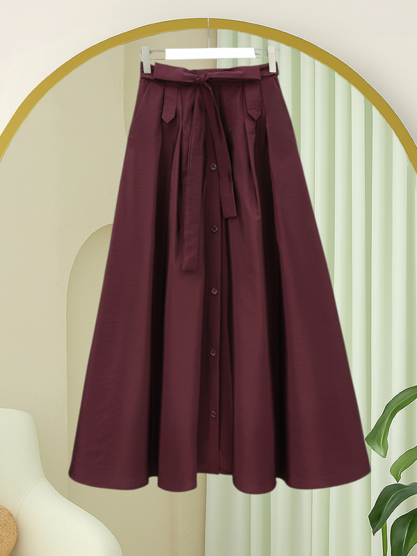 Önü Düğmeli Bağcıklı Paraşüt Etek -Mürdüm