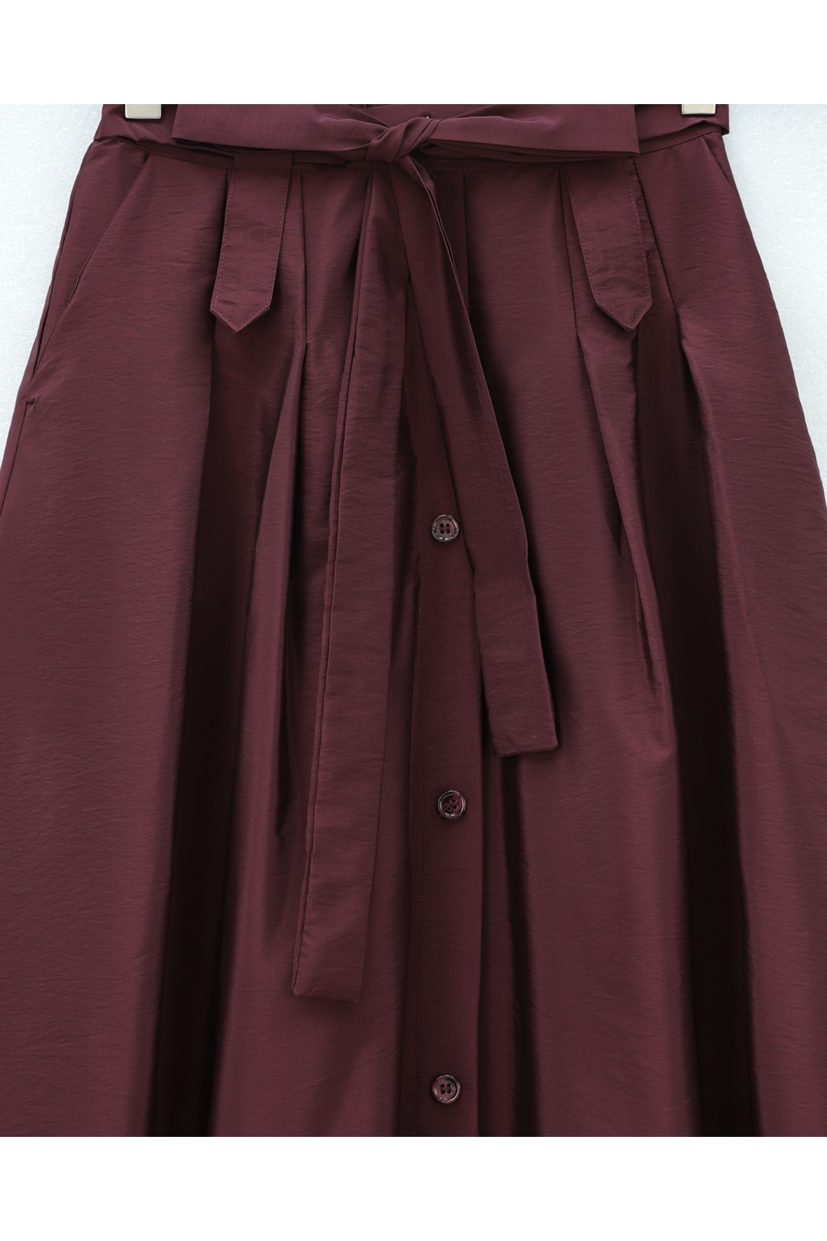 Önü Düğmeli Bağcıklı Paraşüt Etek -Mürdüm