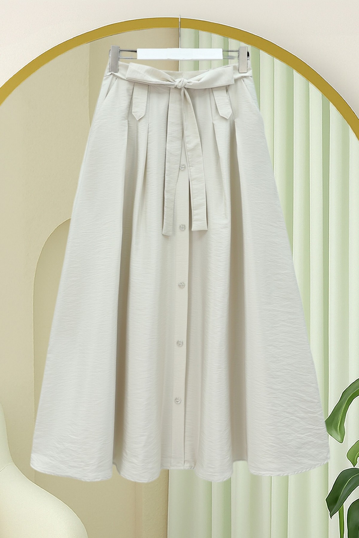 Önü Düğmeli Bağcıklı Paraşüt Etek -Taş