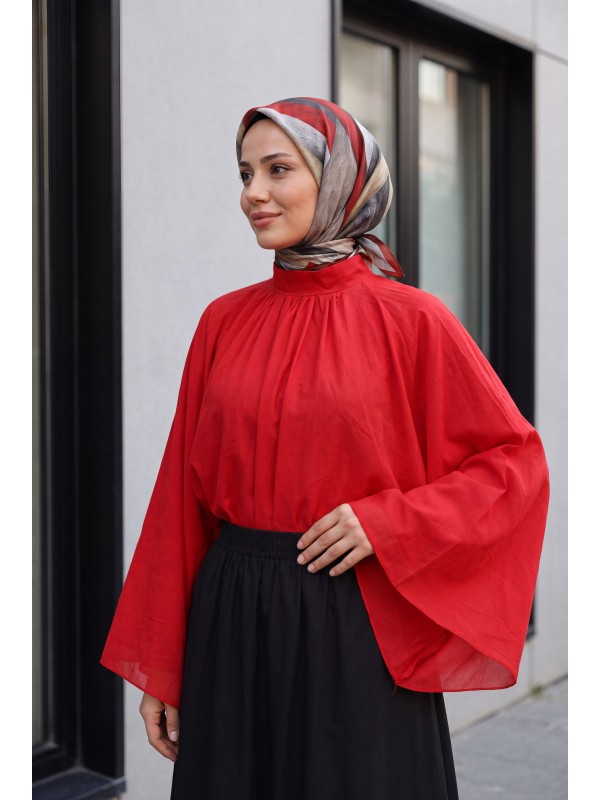 Mandarin Collar, Spanish Sleeve, Lined Voile Blouse    -Red