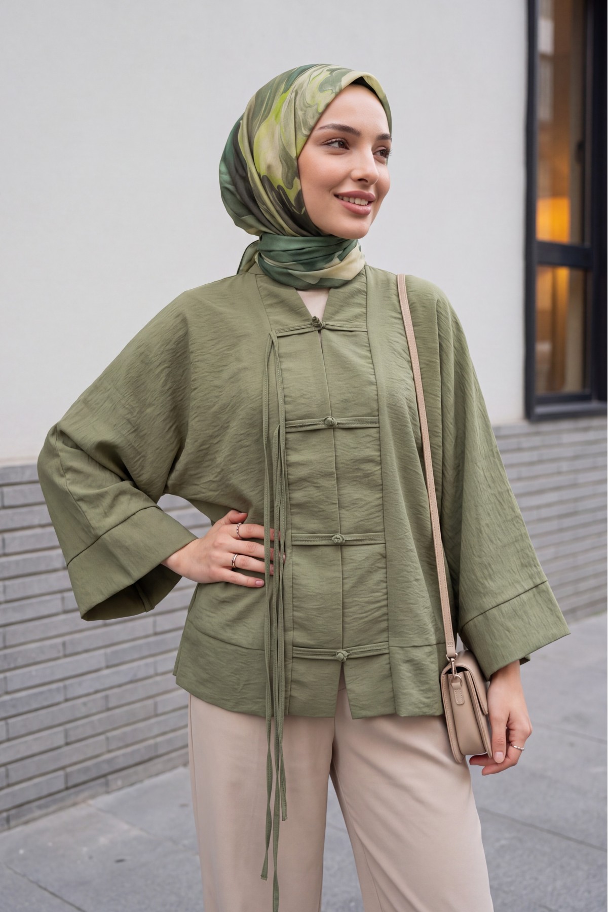 Çin Düğümü Kapamalı Hakim Yaka Paraşüt Kimono -Haki