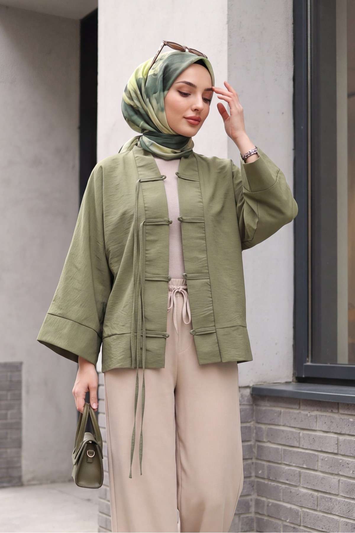 Çin Düğümü Kapamalı Hakim Yaka Paraşüt Kimono -Haki