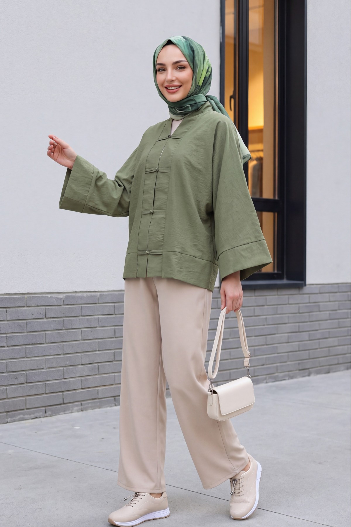 Çin Düğümü Kapamalı Hakim Yaka Paraşüt Kimono -Haki