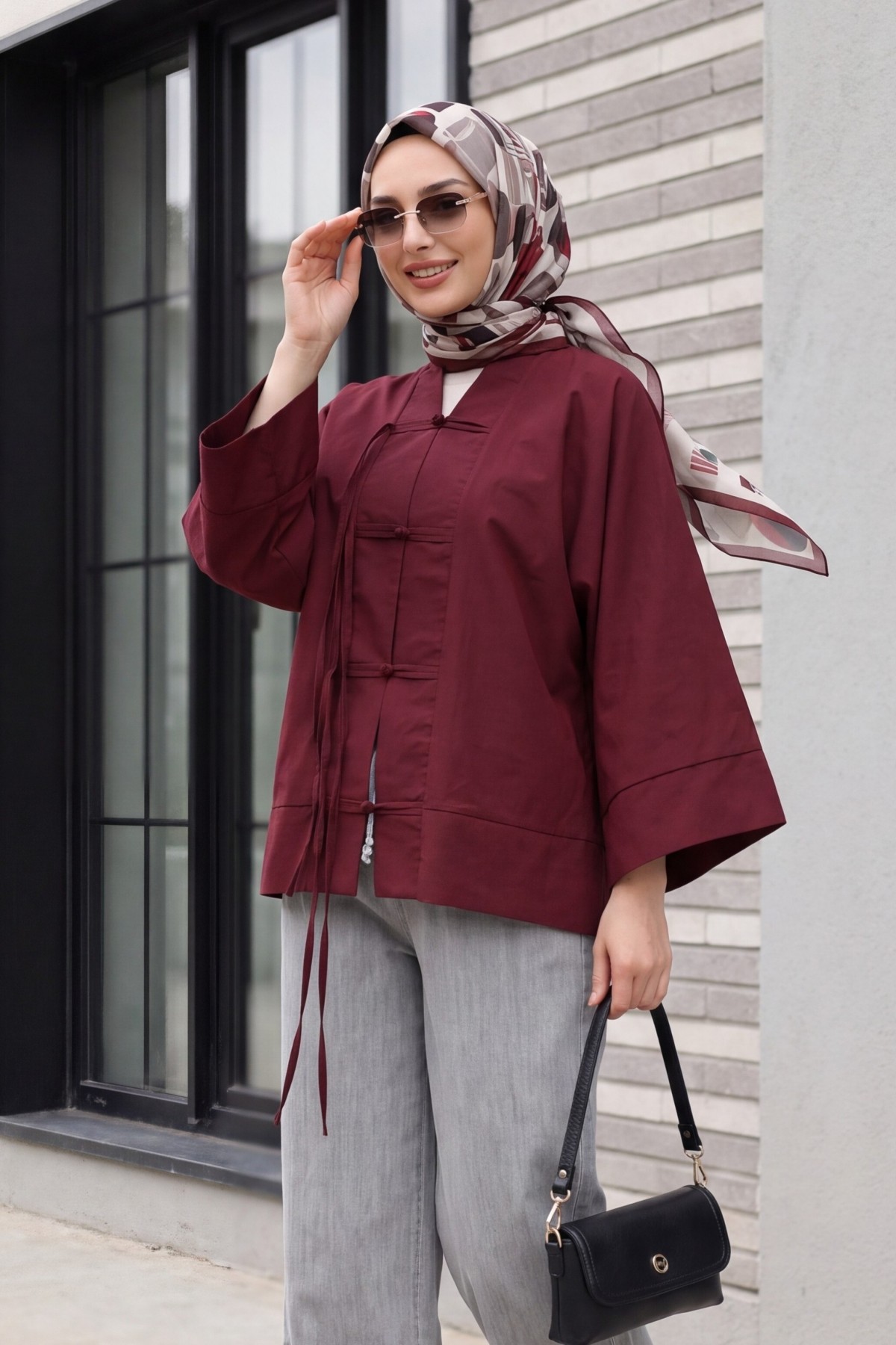 Çin Düğümü Kapamalı Hakim Yaka Paraşüt Kimono -Mürdüm