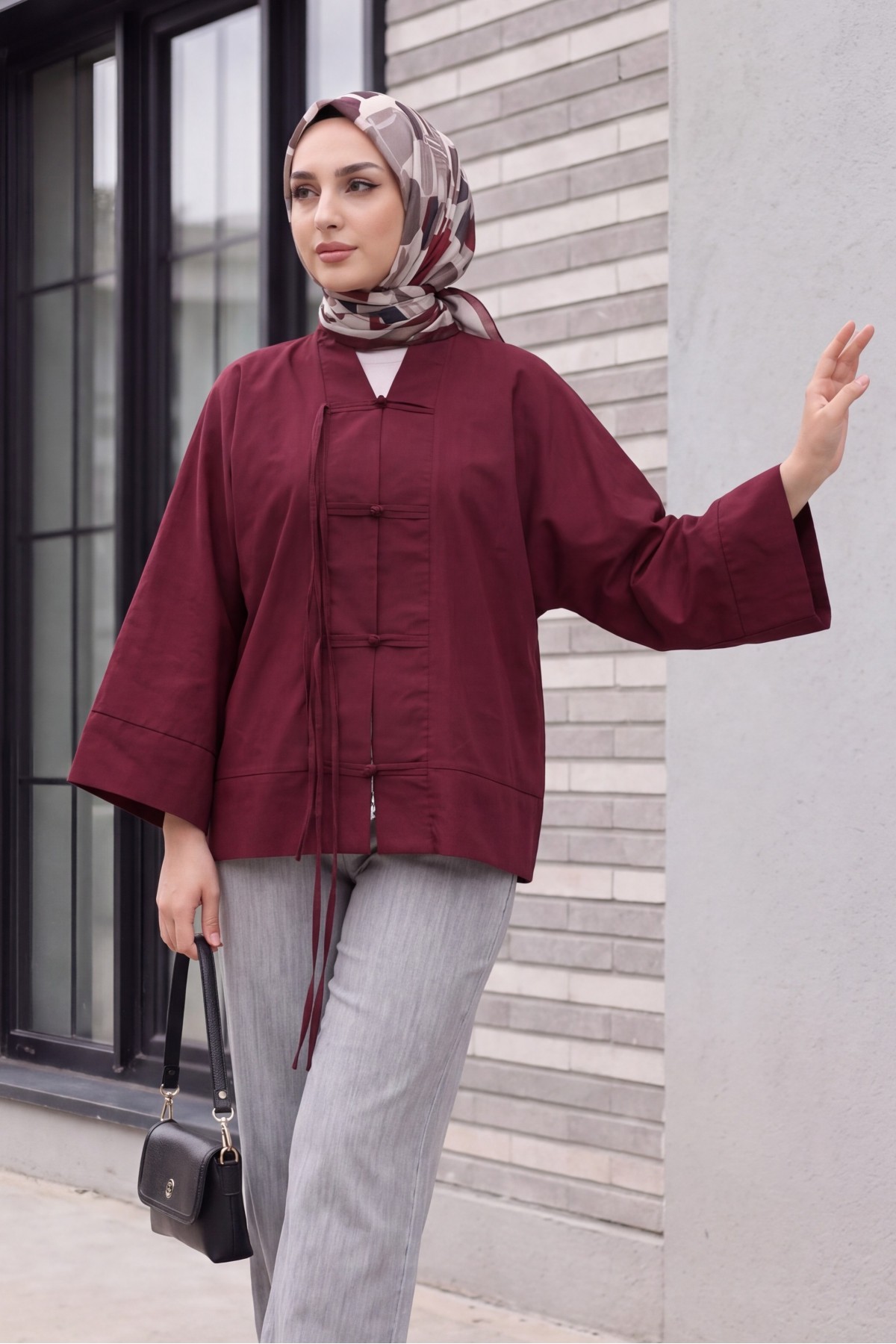 Çin Düğümü Kapamalı Hakim Yaka Paraşüt Kimono -Mürdüm