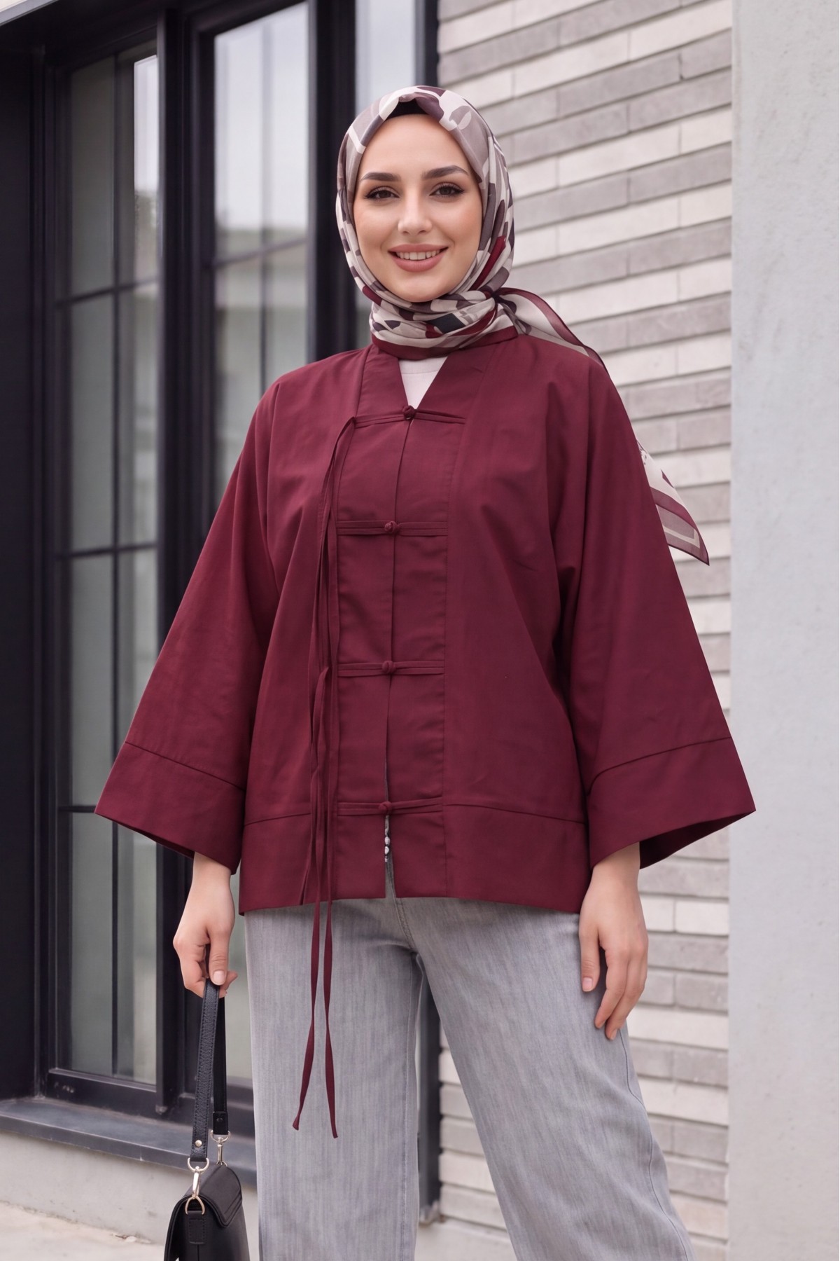 Çin Düğümü Kapamalı Hakim Yaka Paraşüt Kimono -Mürdüm