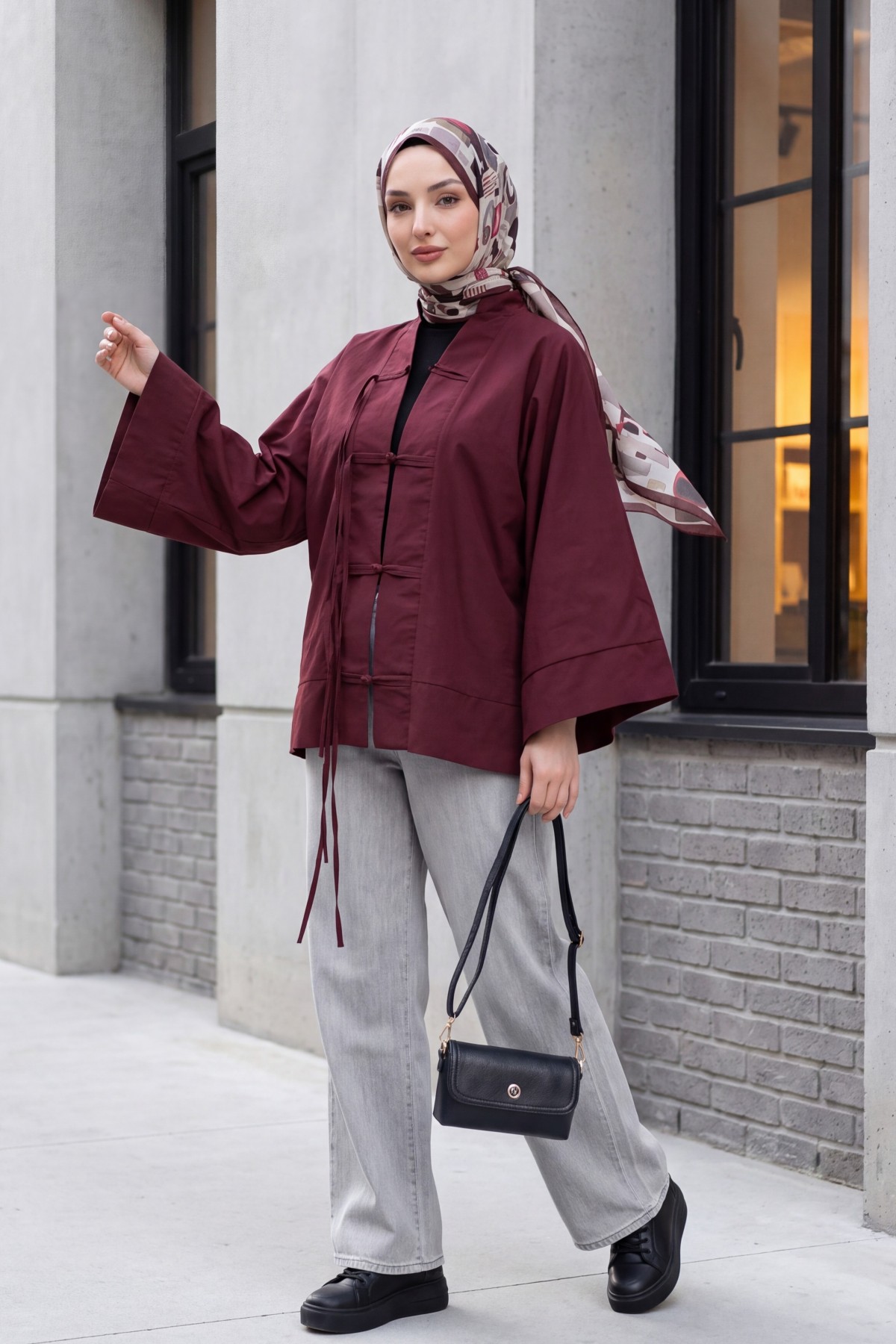 Çin Düğümü Kapamalı Hakim Yaka Paraşüt Kimono -Mürdüm