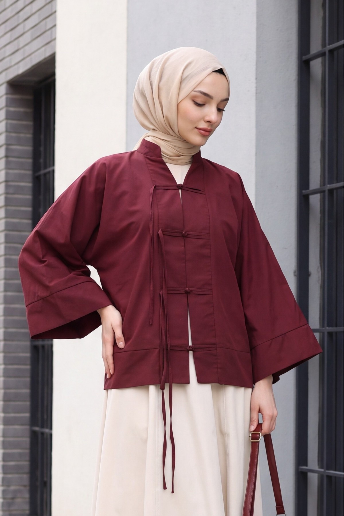 Çin Düğümü Kapamalı Hakim Yaka Paraşüt Kimono -Mürdüm