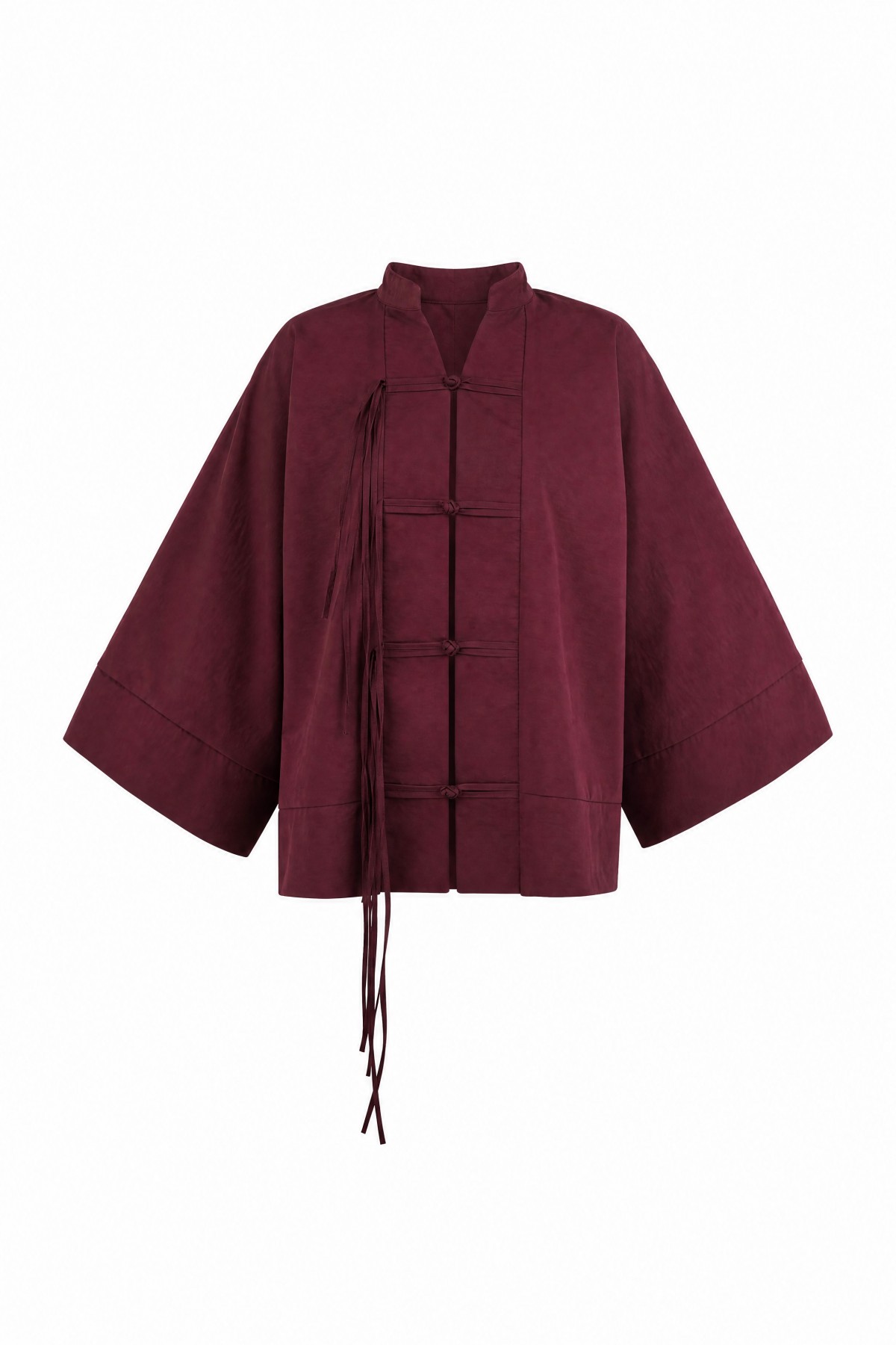 Çin Düğümü Kapamalı Hakim Yaka Paraşüt Kimono -Mürdüm