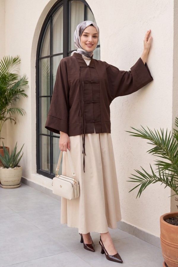 Chinese Knot Closure Mandarin Collar Parachute Kimono -Brown