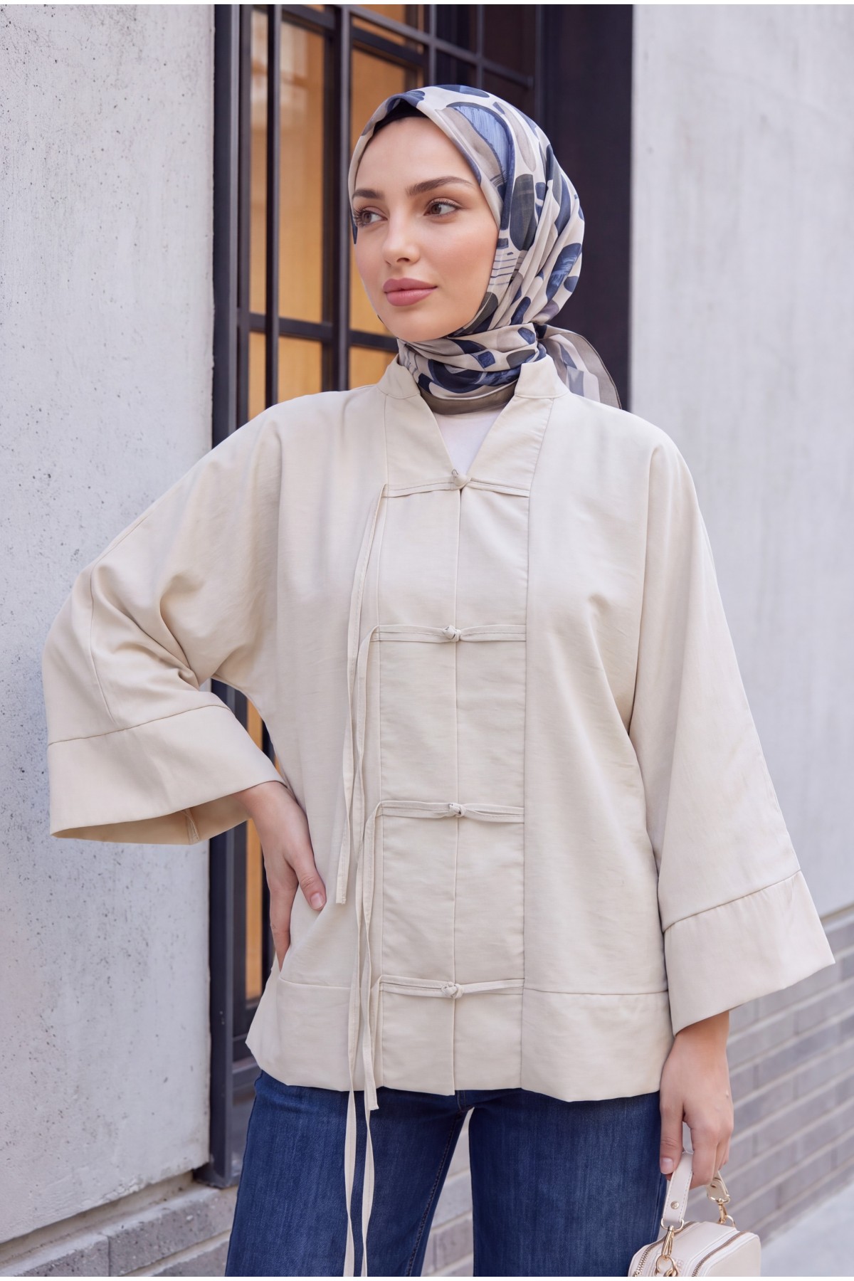 Çin Düğümü Kapamalı Hakim Yaka Paraşüt Kimono -Taş rengi
