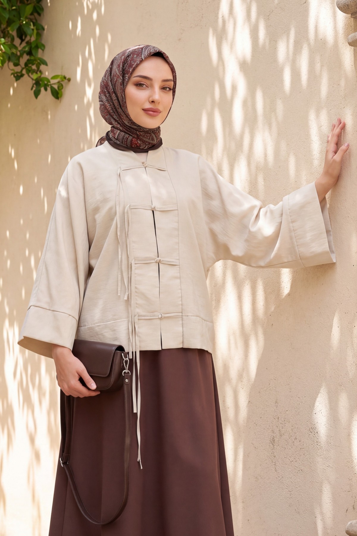 Chinese Knot Closure Mandarin Collar Parachute Kimono -Stone