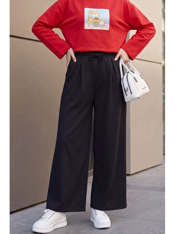 Culottes with Elastic Drawstring Waist and Dual Pockets -Black