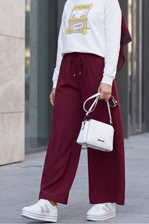 Culottes with Elastic Drawstring Waist and Dual Pockets -Maroon