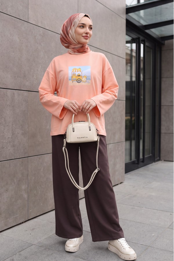 Culottes with Elastic Drawstring Waist and Dual Pockets  -Brown