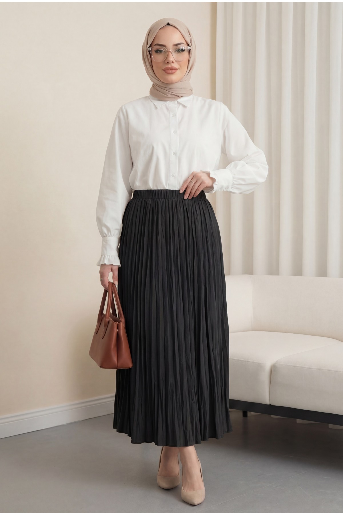 تنورة واسعة بخصر مطاطي -أسود