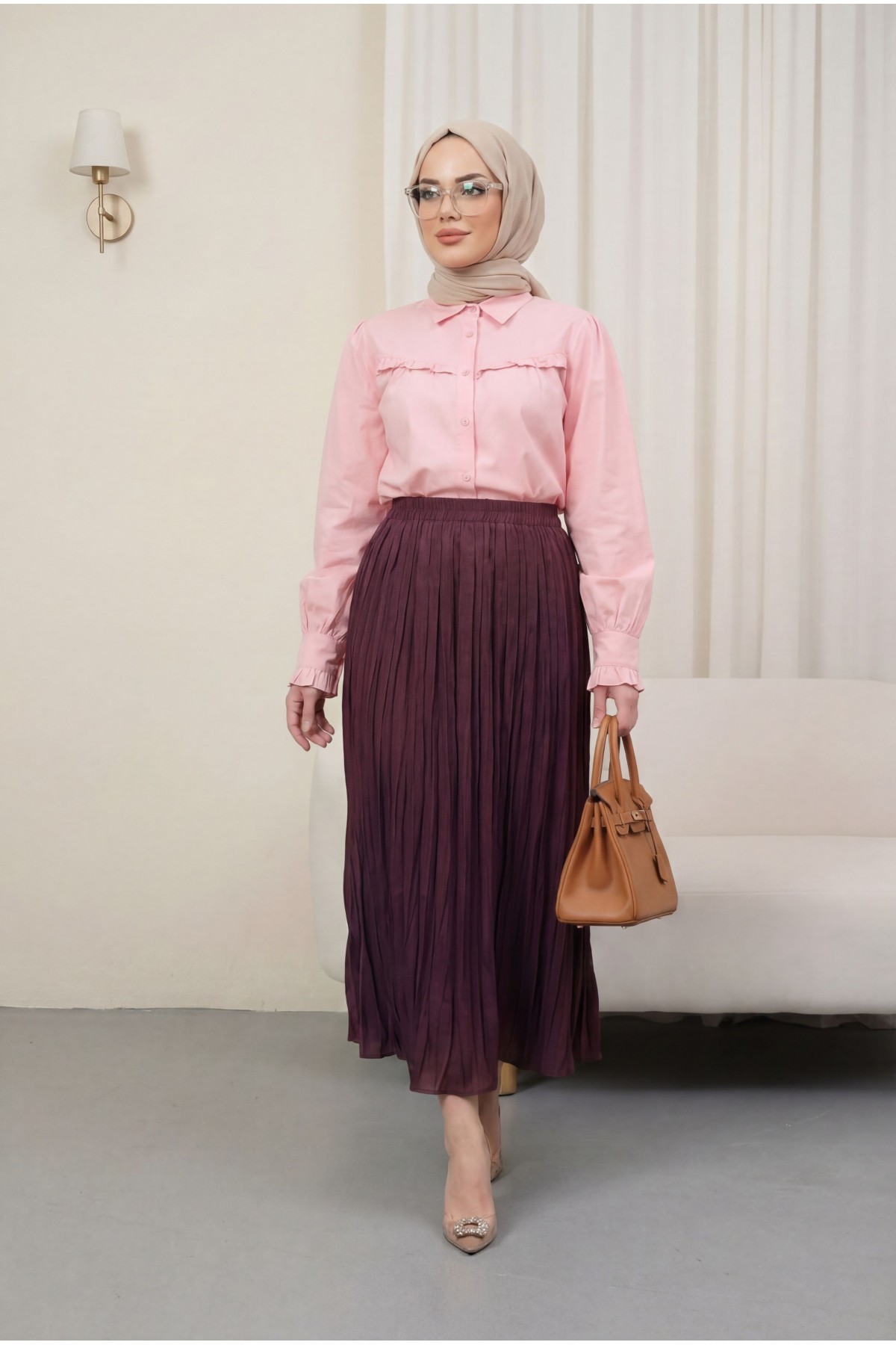 تنورة واسعة بخصر مطاطي   -بوردو