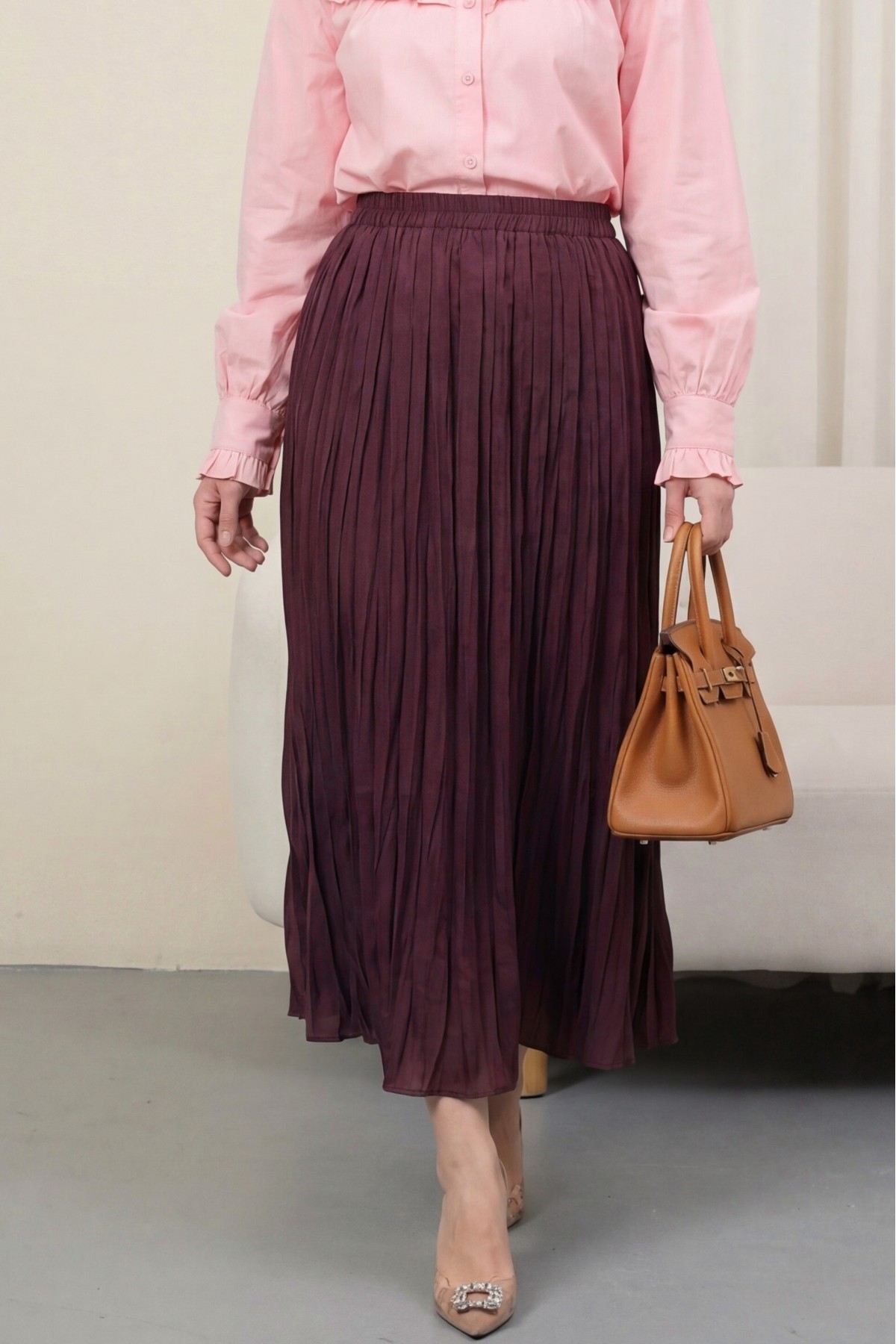 تنورة واسعة بخصر مطاطي   -بوردو