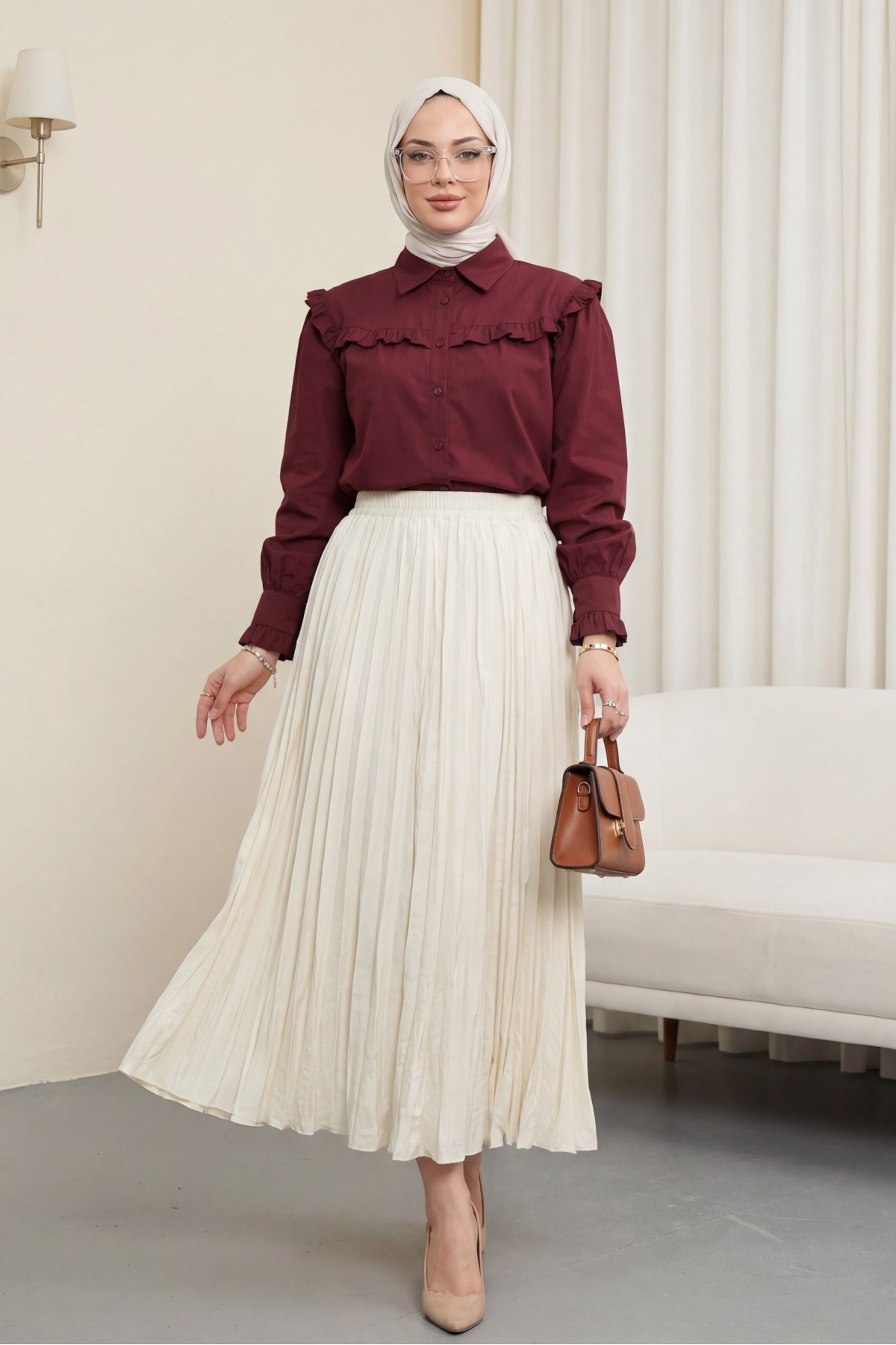 تنورة واسعة بخصر مطاطي  -أبيض سكري