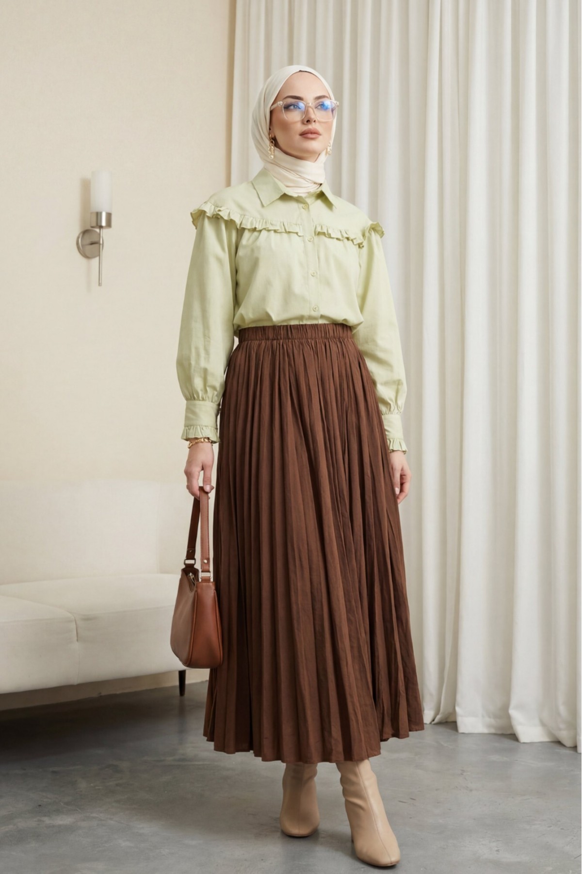 تنورة واسعة بخصر مطاطي -بنى