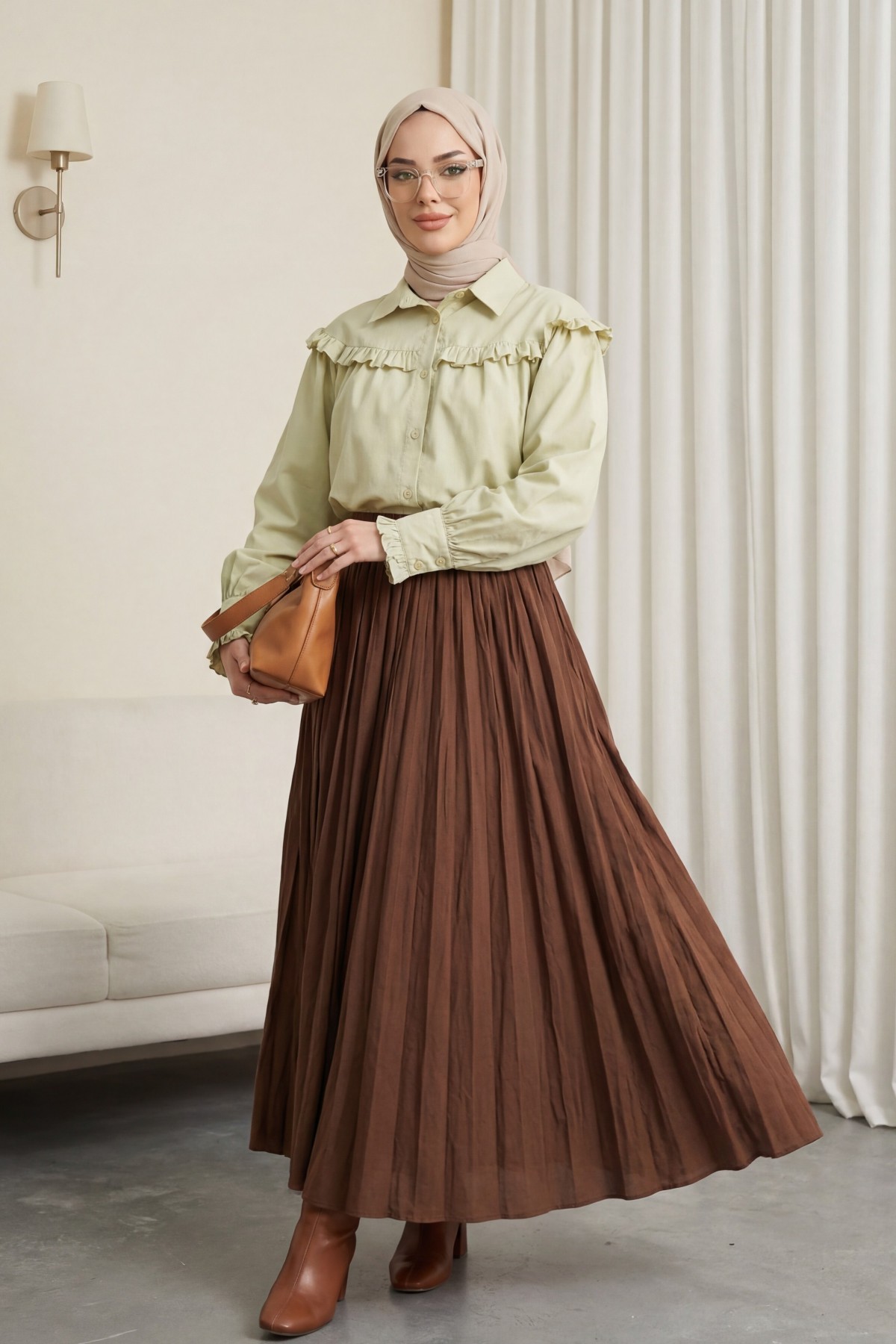 تنورة واسعة بخصر مطاطي -بنى