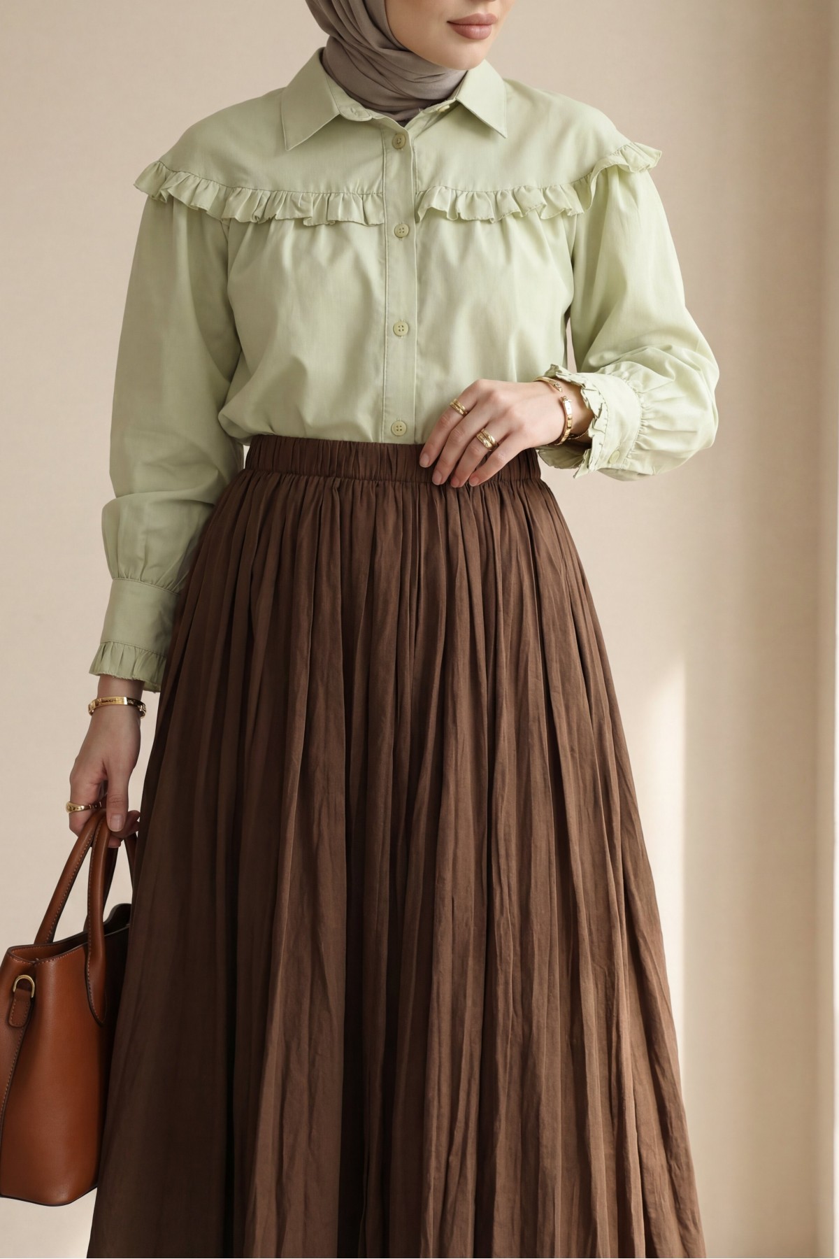 تنورة واسعة بخصر مطاطي -بنى