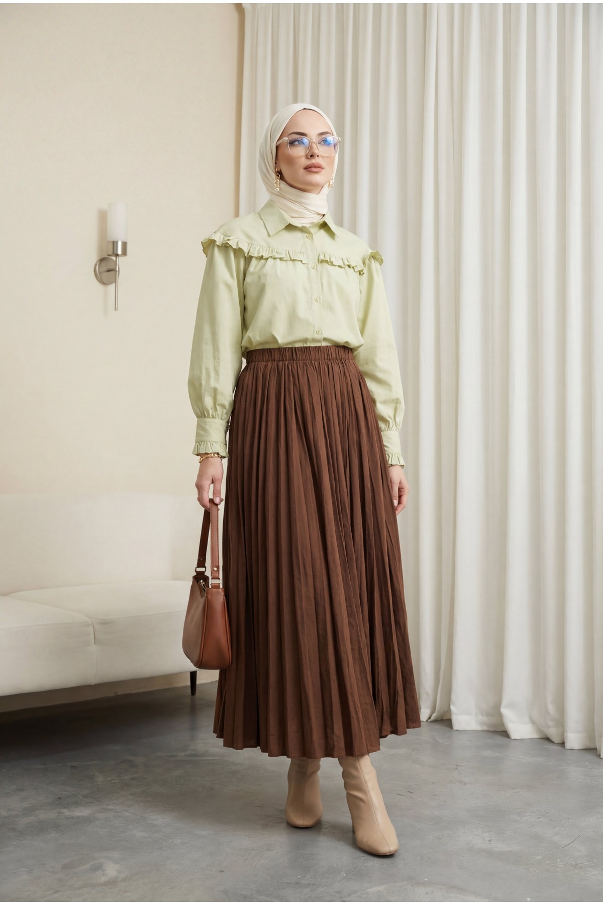 تنورة واسعة بخصر مطاطي -بنى