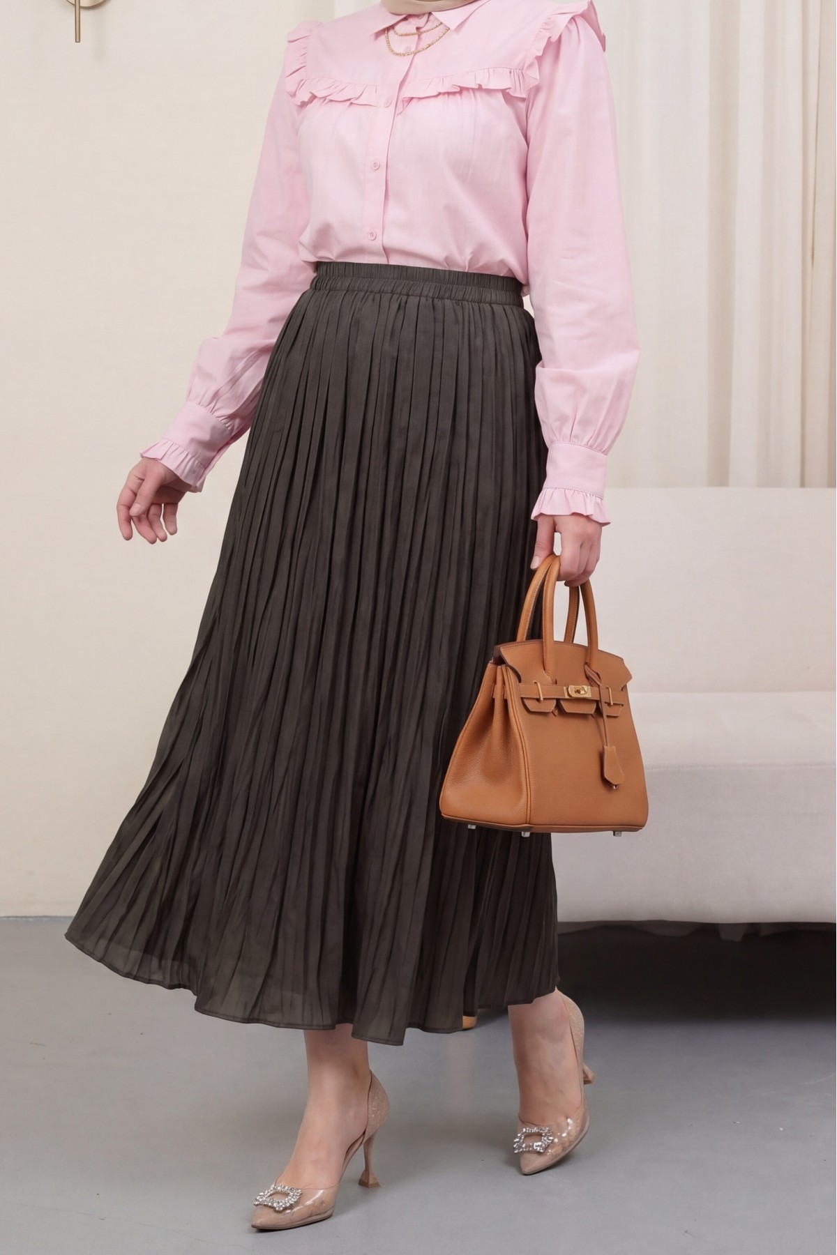 تنورة واسعة بخصر مطاطي   -بني محروق