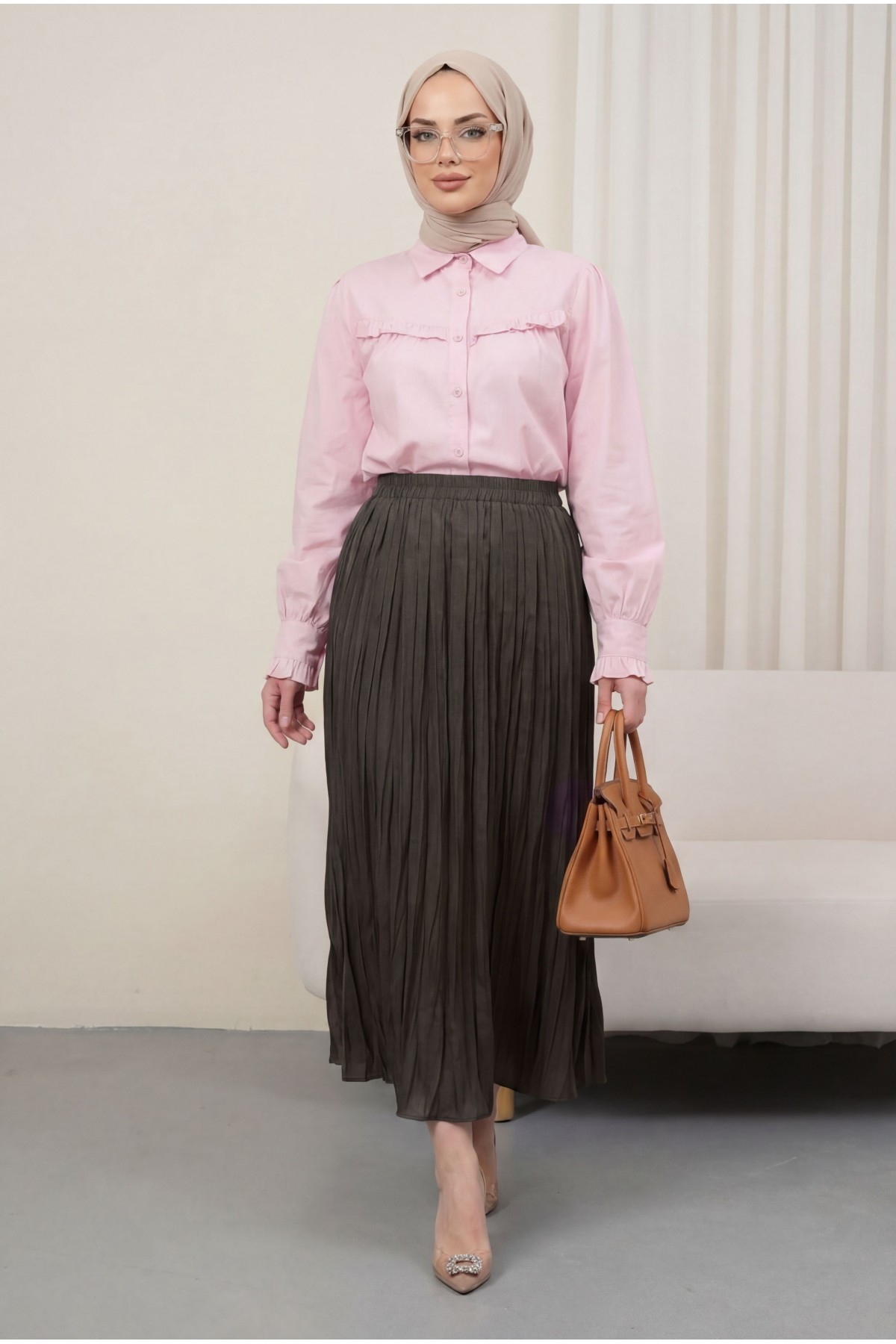 تنورة واسعة بخصر مطاطي   -بني محروق