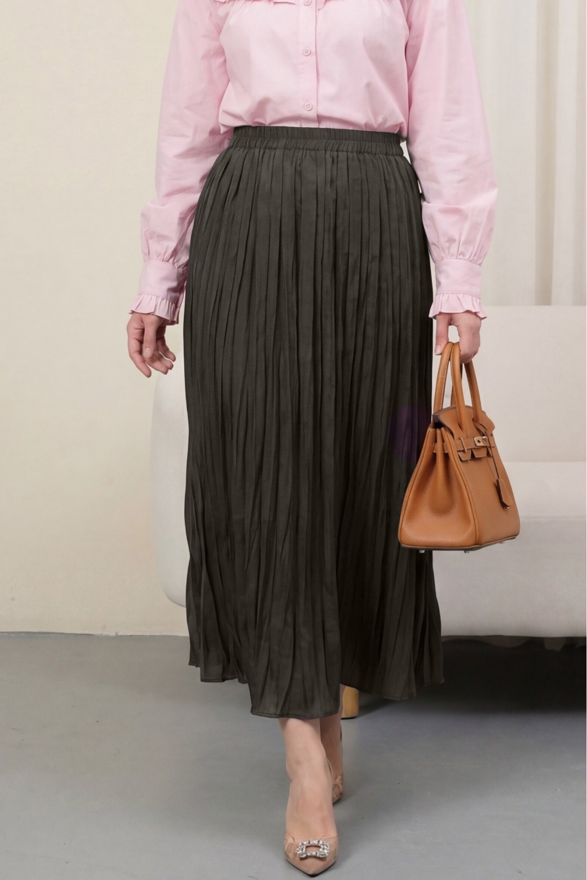 تنورة واسعة بخصر مطاطي   -بني محروق