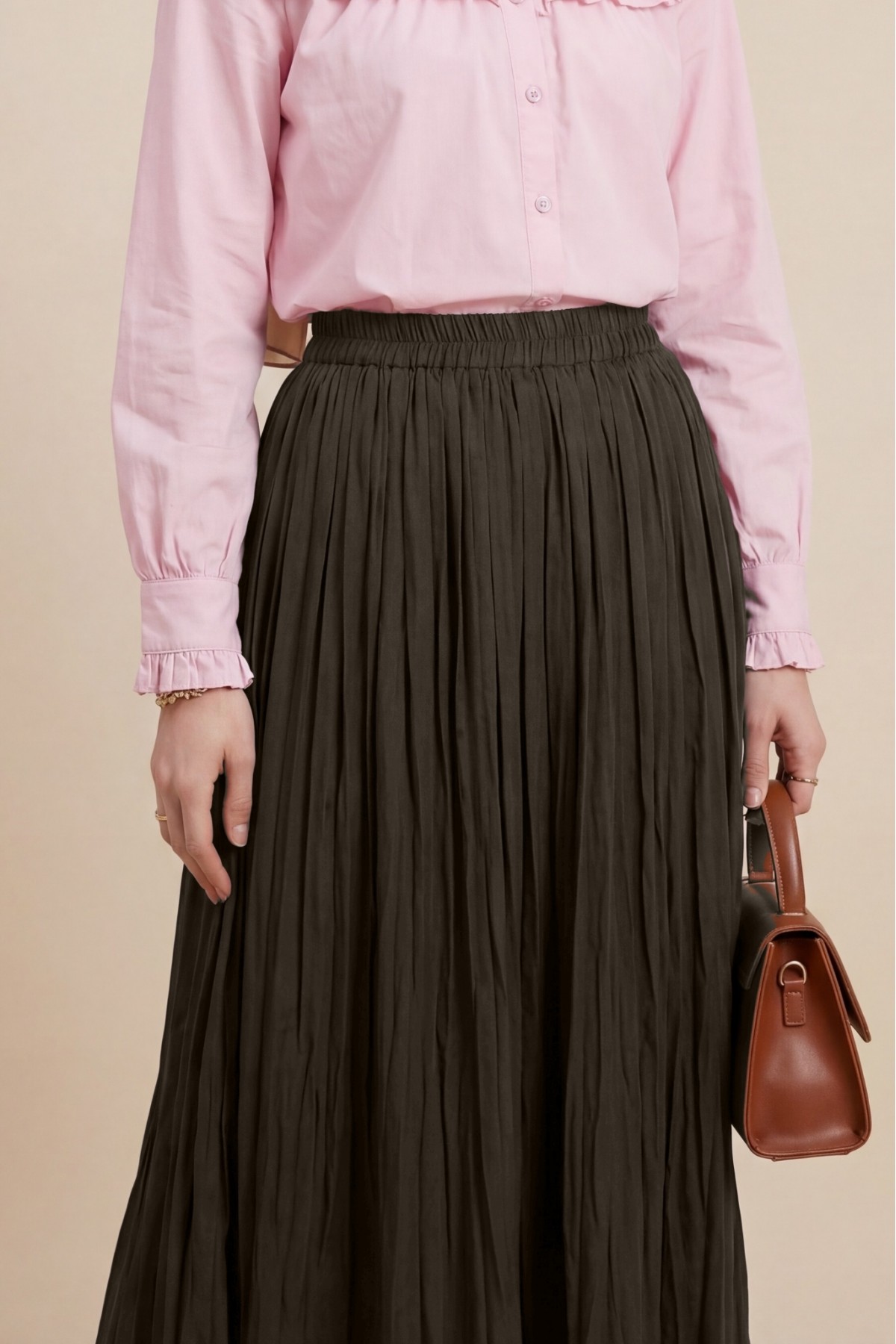 تنورة واسعة بخصر مطاطي   -بني محروق